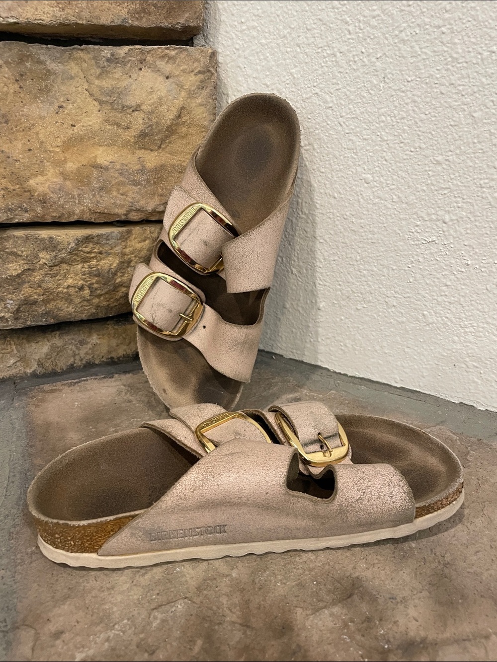 36 Narrow Birkenstock Big Buckle Washed Metallic Rose Arizona Sandals